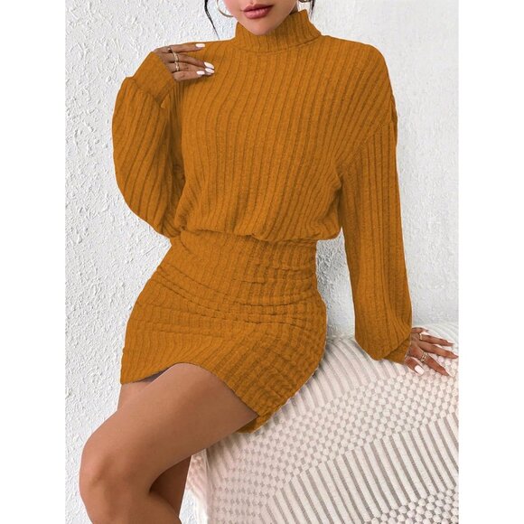 Women Orange Long Sleeve Turtle Neck Cute Ribbed Knit Pullover Sweater Dress - Picture 4 of 5